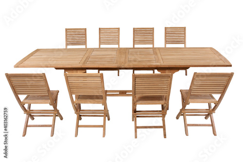 Teak garden set isolated in white background, Set of Outdoor furniture with chairs and table in outdoor