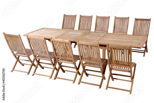 Teak garden set isolated in white background  Set of Outdoor furniture with chairs and table in outdoor