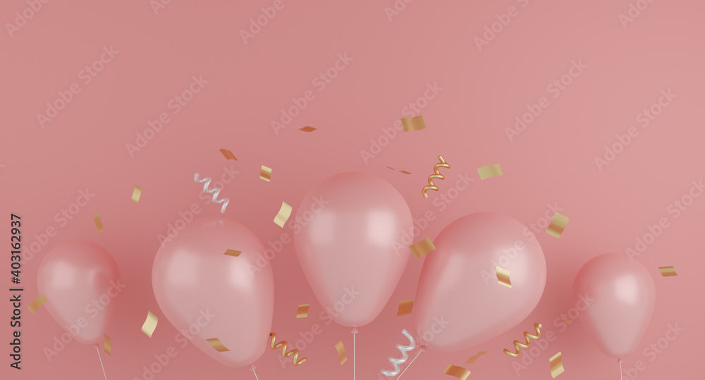 Ballon with ribbon, on pink color background. Birthday, anniversary decorative. Festive concept. 3d rendering.