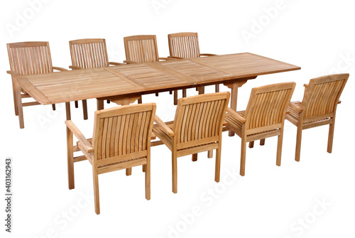 Teak garden set isolated in white background, Set of Outdoor furniture with chairs and table in outdoor