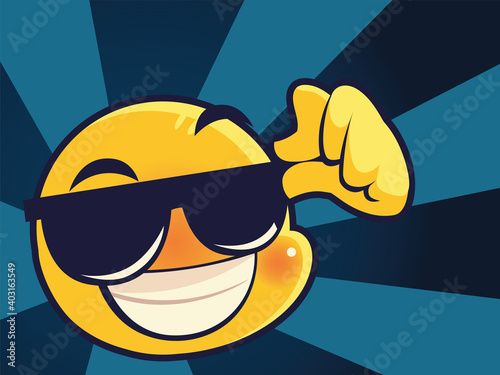 happy emoji with sunglasses over sunburst background design