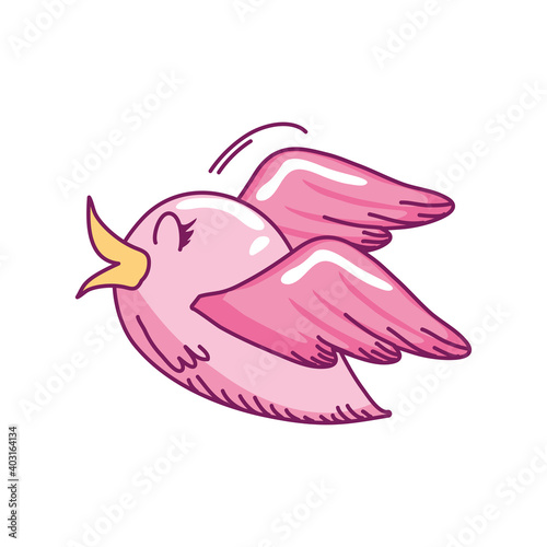 cute little pink bird flying cartoon on white background hand drawn style