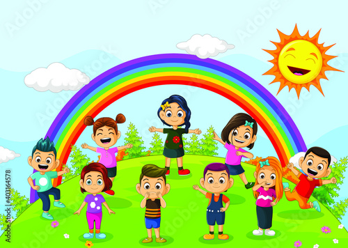 Happy Kids Cartoon Playing with Landscape Background