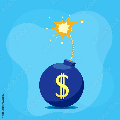 Bomb with a burning explosive fuse and the dollar currency sign