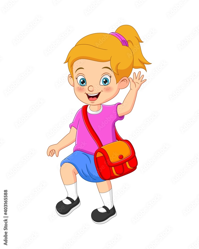 Cartoon cute girl go to school with backpack Cartoon cute girl go to school with backpack