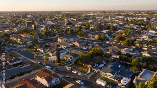 Sunset aerial view of a residential district in Westminster, California, USA.