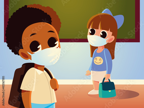 Back to school of girl with purse and boy kid with medical masks vector design