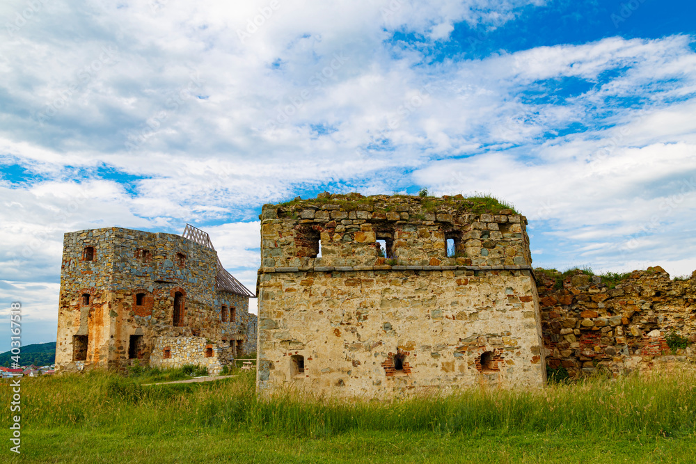 Wall of ancient ruins of castle among green grass. Ukrainian architectural  landmark.