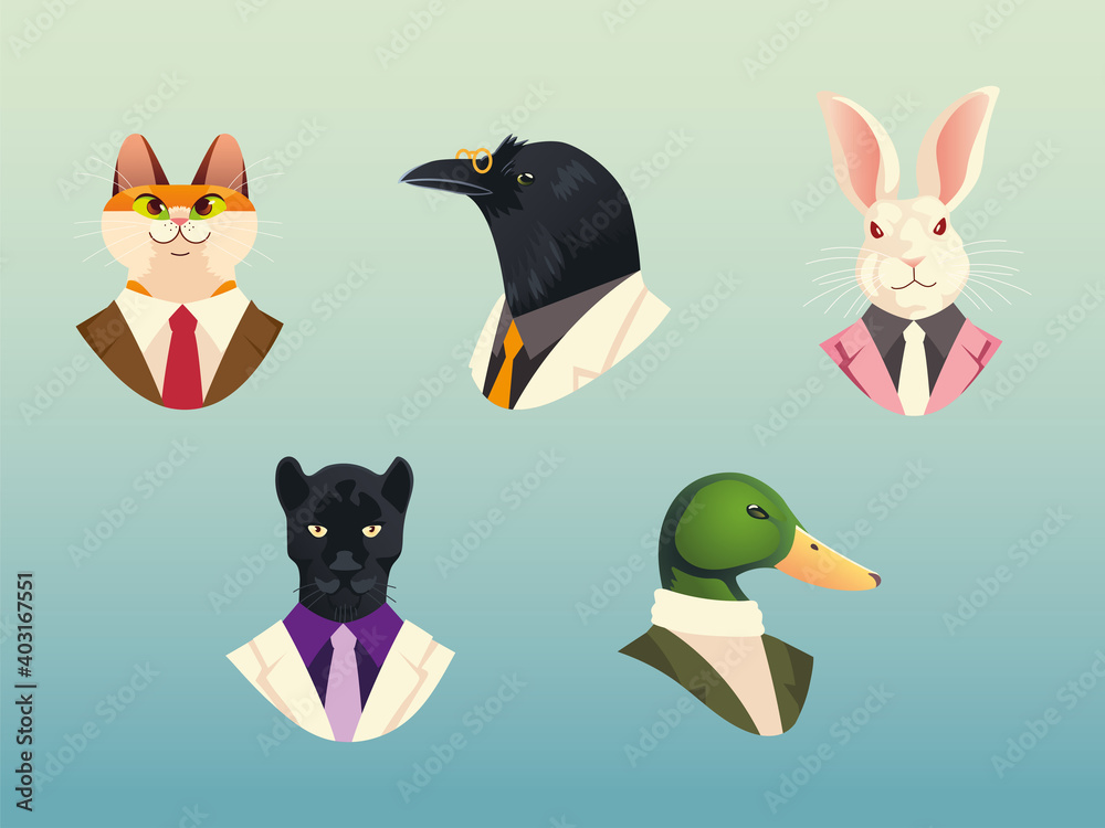 people art animals, cat crow duck panther and rabbit fashion hipster and vintage clothes