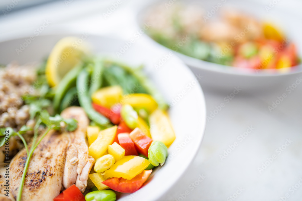 Meat and buckwheat dishes with green beans and tomato Meat and buckwheat dishes with green beans and tomato