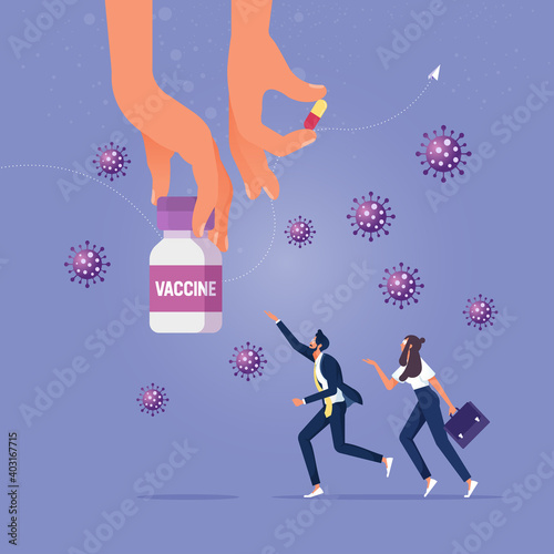 COVID-19 Vaccine treatment or medicine to cure coronavirus concept, Hand holding COVID-19 pill or Vaccine and people running try to reach for the treatment with virus pathogen