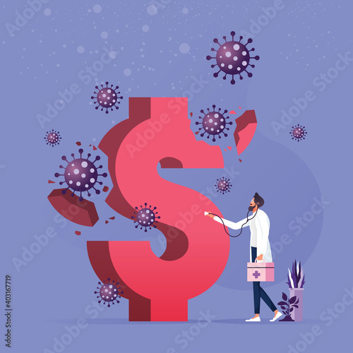 Financial health check from Coronavirus pandemic crisis concept, Businessman examining the dollar sign from Coronavirus outbreak