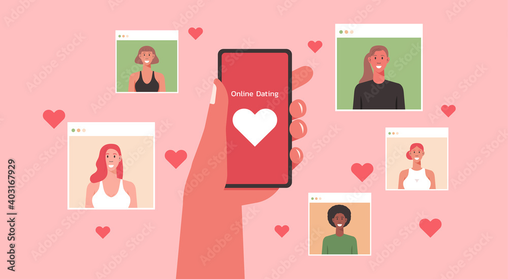 online dating service app with long distance relationship concept, man hand holding mobile phone searching for women people on virtual love application, vector flat illustration online dating service app with long distance relationship concept, man hand holding mobile phone searching for women people on virtual love application, vector flat illustration
