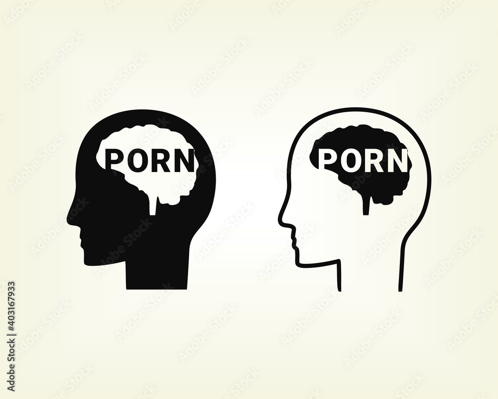 Silhouette of a head with a porn in his mind. Stop porn icon. Dangers of pornography damage the brain. Illustration vector