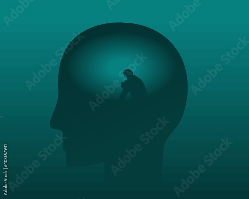 Silhouette of head with a person sitting alone stressed and overthinking, loneliness. Man suffering from anxiety. Anxiety disorder concept vector Illustratio