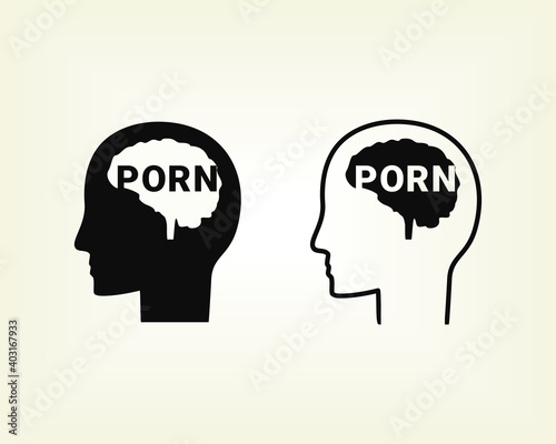 Fototapeta Naklejka Na Ścianę i Meble -  Silhouette of a head with a porn in his mind. Stop porn icon. Dangers of pornography damage the brain. Illustration vector