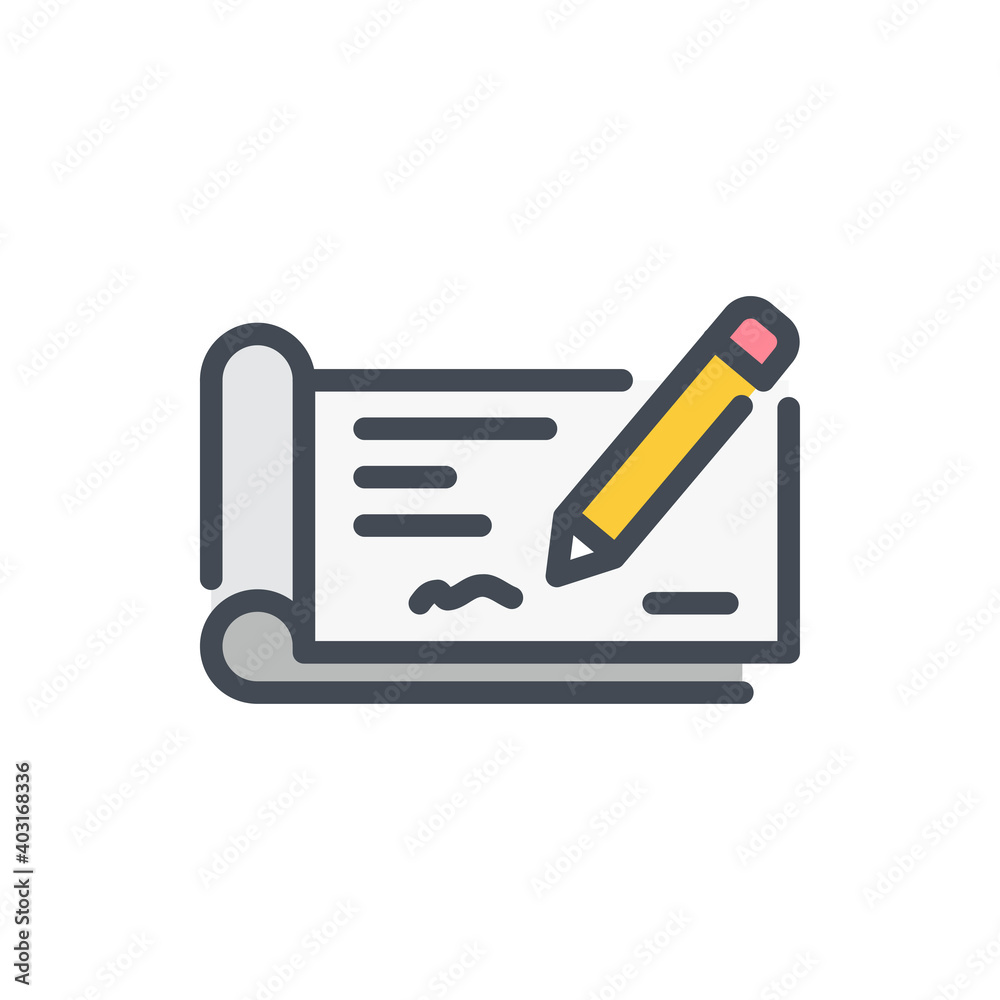 Cheque color line icon. Bank checkbook and Financial check with pencil vector outline colorful sign. Cheque color line icon. Bank checkbook and Financial check with pencil vector outline colorful sign.