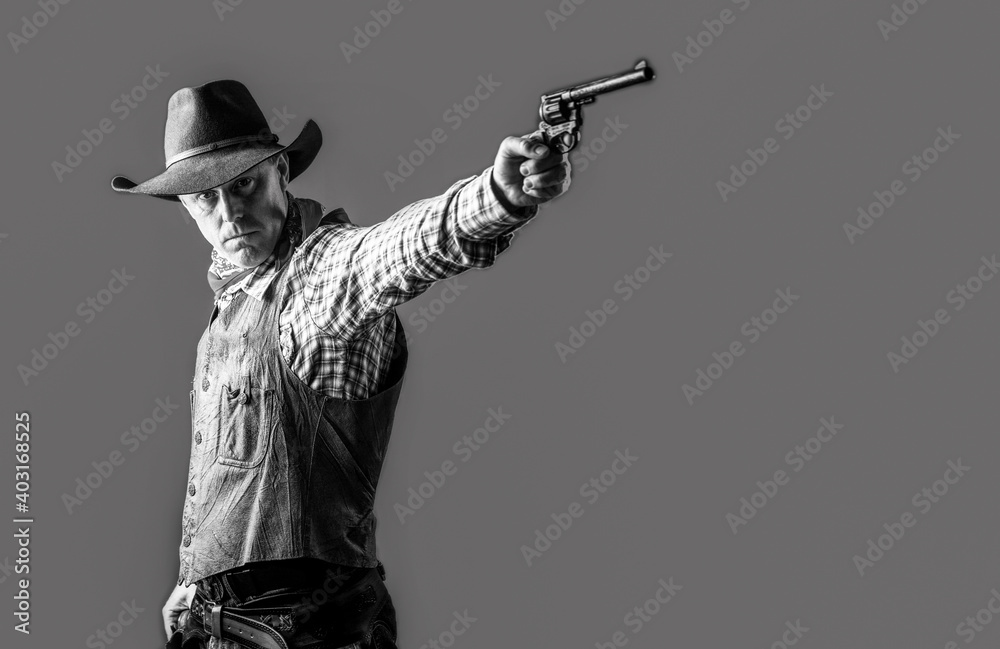 Cowboy with weapon. American bandit in mask, western man with hat. Farmer or cowboy in hat. Man wearing cowboy hat, gun. West, guns Cowboy with weapon. American bandit in mask, western man with hat. Farmer or cowboy in hat. Man wearing cowboy hat, gun. West, guns