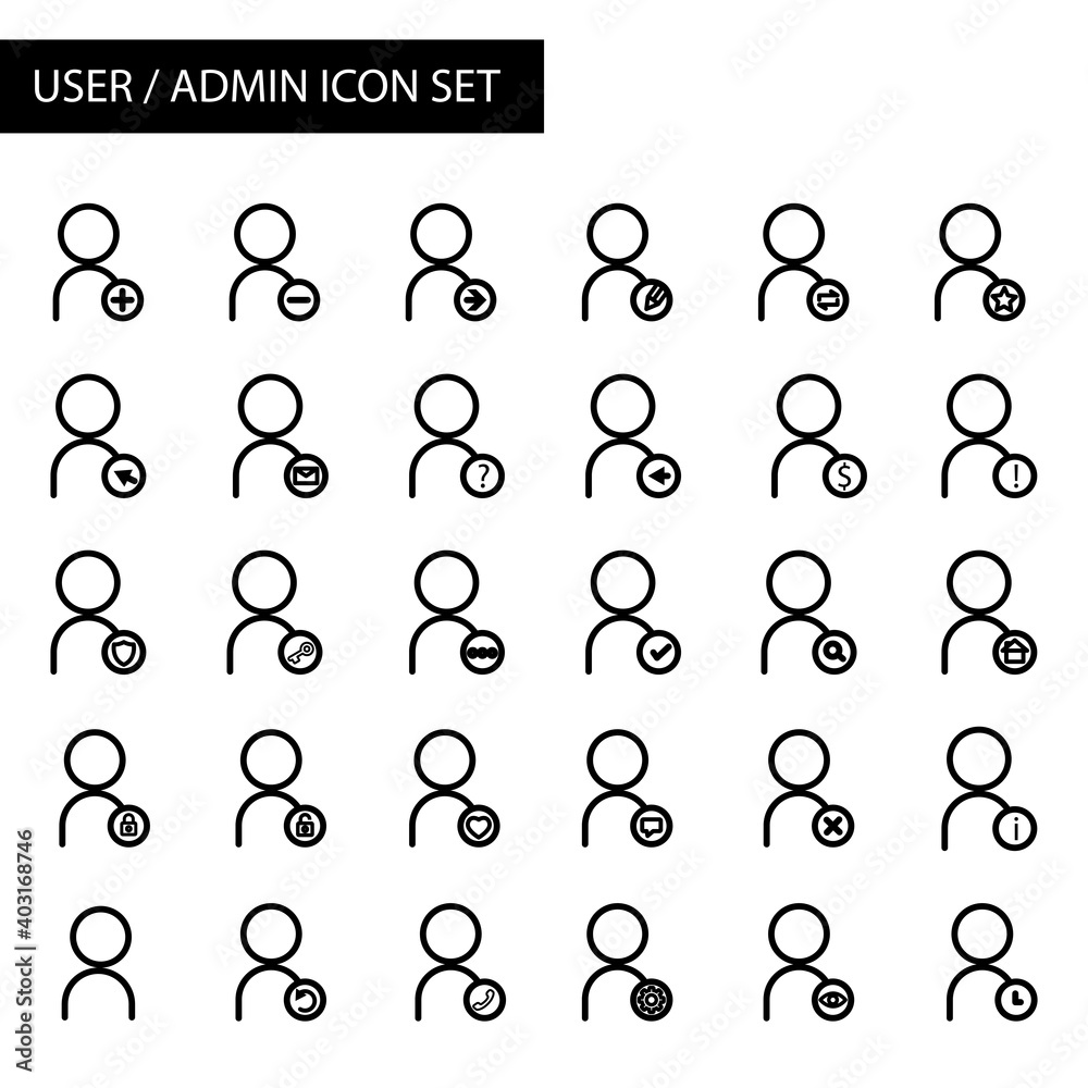 Users line icons set. admin symbols. Quality design elements. Included the icons as setting, protect, information and more. Editable stroke. Simple illustration mobile concept and web design.