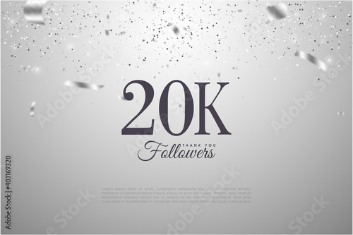 Thank you to the 20k followers background with falling silver ribbons.