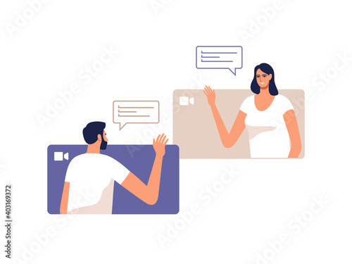 Young man and woman communicate online using a mobile devices. Concept of video call conference, remote working from home or online meeting. Vector illustration.