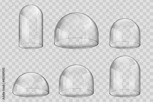 Various size and spherical shape glass domes or bell jars. Set of transparent forms for kitchen utensils, exhibitions and presentations, Christmas souvenirs.
