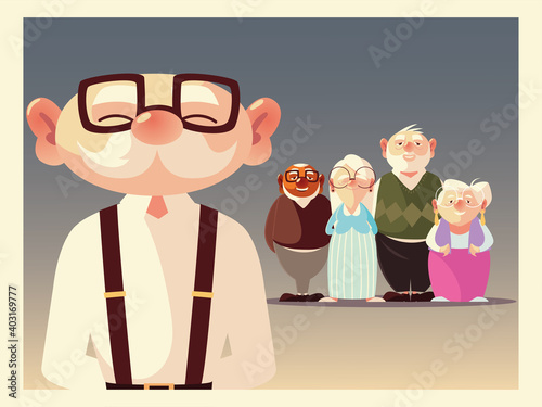 cute grandpa with group senior men and women characters