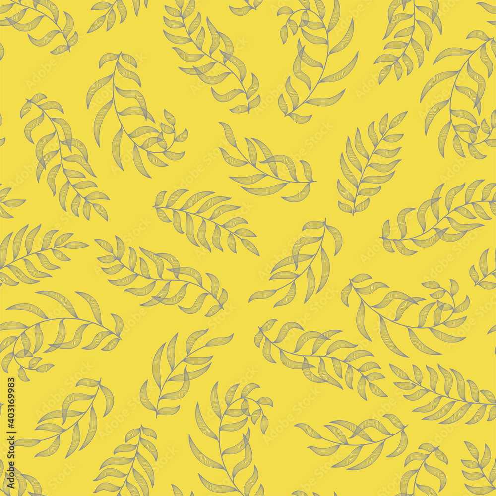 Leaves. Seamless pattern. Vector leaf. Hand drawn repeating elements. Fashion print. Design for textile or clothes. Trendy yellow 2021 background