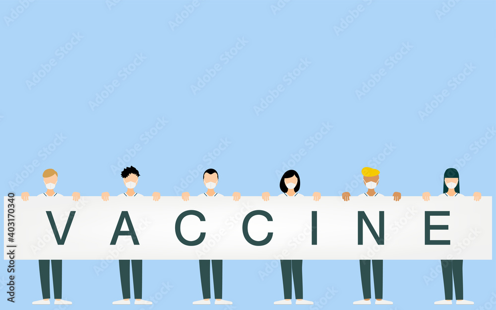 VACCINEと書かれたボードを掲げ持つ医療従事者たち