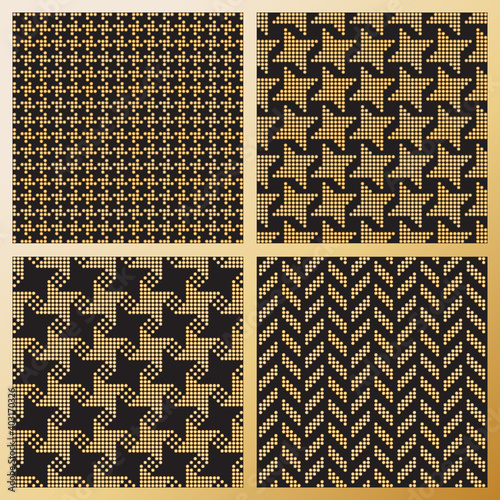 Set of 4 Christmas and New Year gold and black seamless patterns from golden circles, snowflakes, stars and fir tree halftone silhouette. Chicken feet pied-de-poule pattern background. Scarf, kerchief