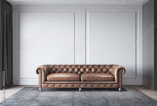 Classic sofa with gray wall interior and curtain window beside. 3D illustration 