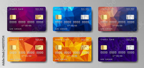Set of realistic credit card on gray background. Contactless payment