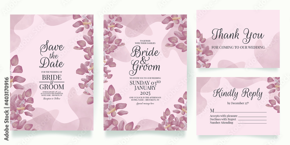 Wedding invitation card template set with watercolor background