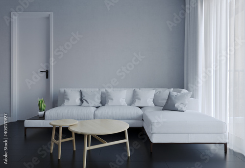 Interior living room white color with sofa. 3D illustration