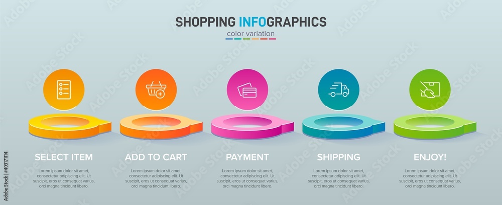 Concept of shopping process with 5 successive steps. Five colorful graphic elements. Timeline design for brochure, presentation, web site. Infographic design layout.