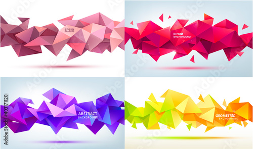 Vector set of abstract geometric 3d facet shapes. Use for banners, web, brochure, ad, poster, etc. Low poly modern style background. Purple, green, red, pink