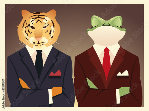 people art animals, lion and frog with suits portrait fashion clothes