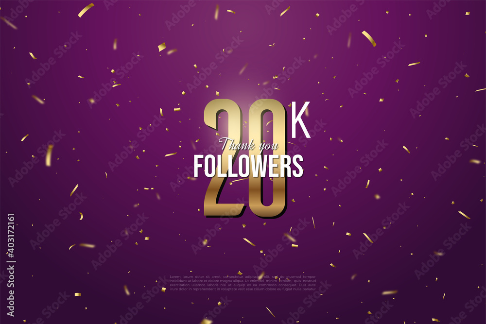 20k followers background with gold numbers on purple background.