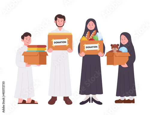 Set Group of Arabian Family Carrying Donation Box Illustration