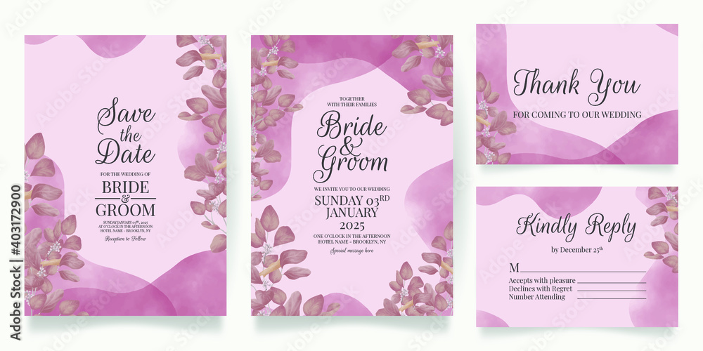 Wedding invitation card template set with watercolor background