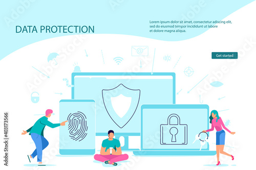 Landing webpage template of Antivirus software, data protection and cyber security. Digital protection system privacy program from hacking, web crime and virus attack. Flat Art Vector Illustration