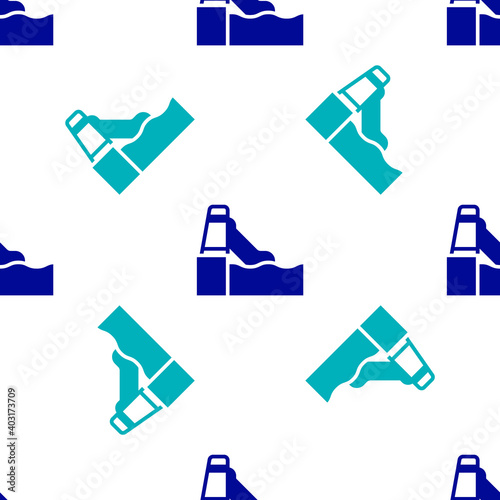 Blue Water slide with pool icon isolated seamless pattern on white background. Aquapark. Vector.