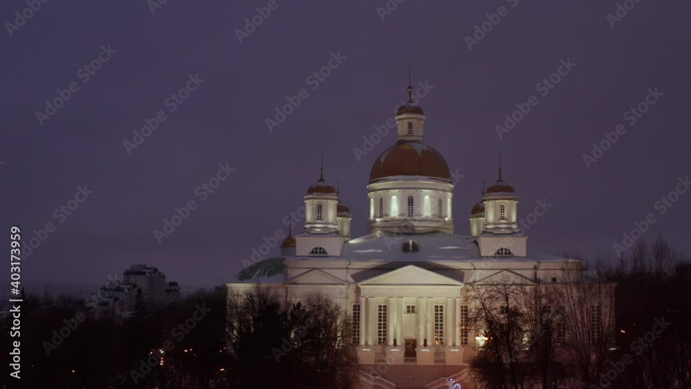 Church in Rossi filmed from a quadcopter at night. Contemporary cathedral in Russia at night. Cathedral in Penza in the early morning. Church in Rossi filmed from a quadcopter at night. Contemporary cathedral in Russia at night. Cathedral in Penza in the early morning.
