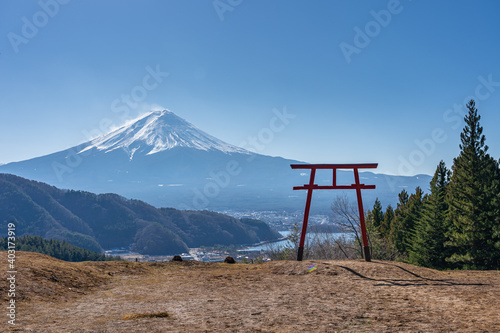 Fototapeta Mount Fuji with Torii gate of Asama Shrine in Kawaguchiko, Japan