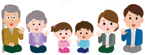 正座で座って手を振る段世代家族　イラスト