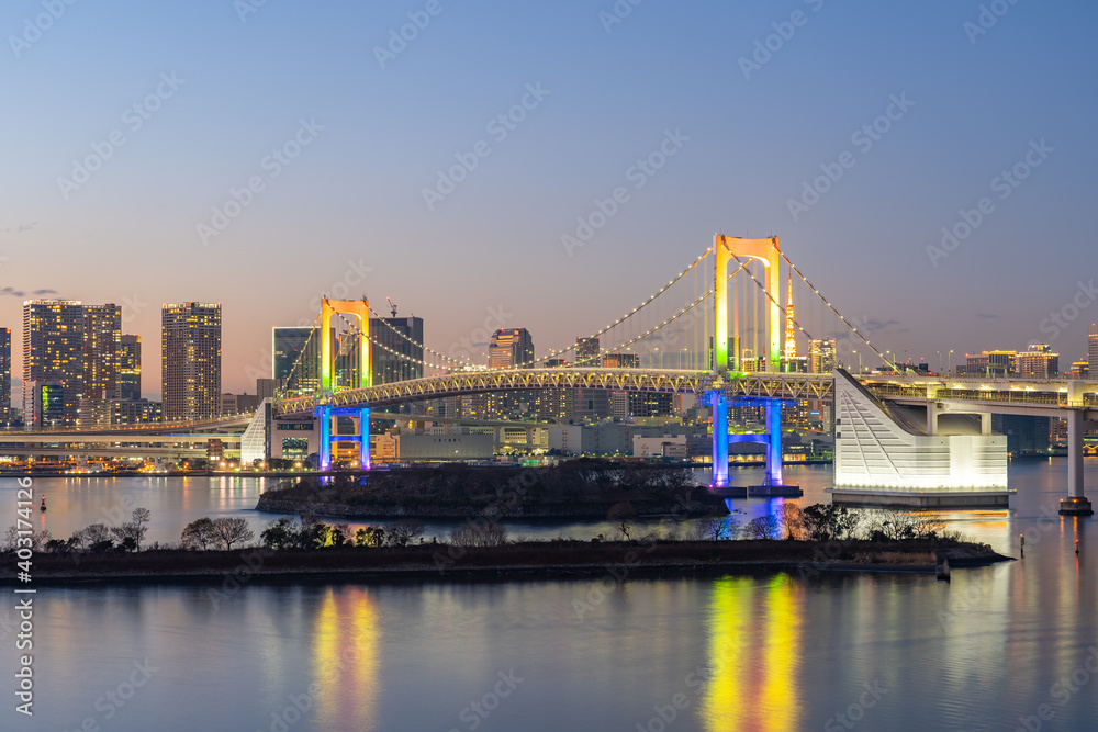 Tokyo bay at night with Rainbow bridge in Tokyo, Japan