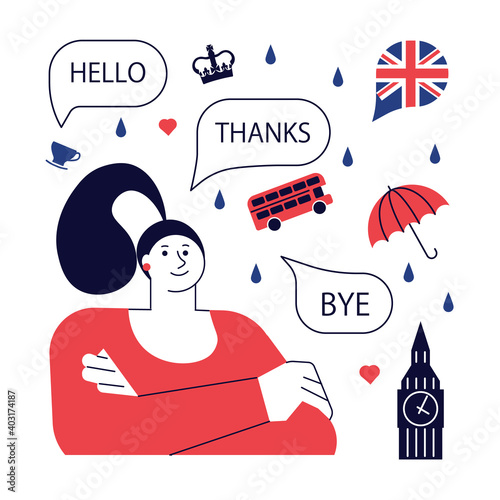 Concept of english language course or school. Female student with England landmarks logos around. Vector Illustration