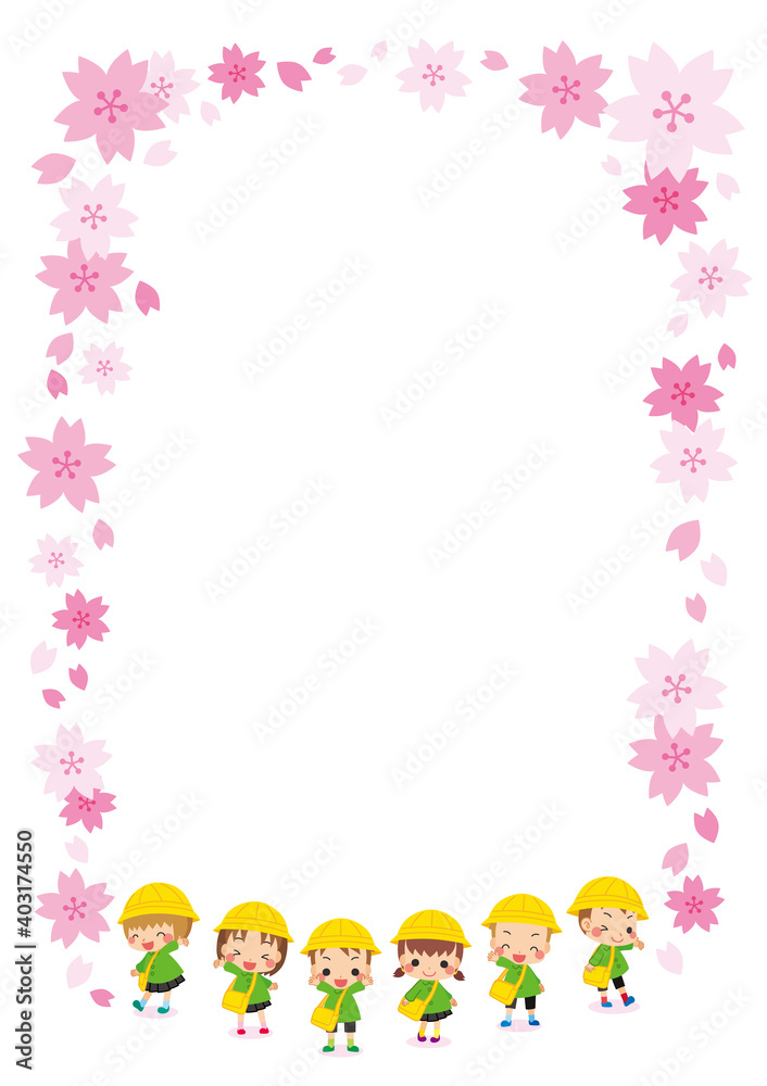 可愛い幼稚園児の子供たちと幼稚園のイラスト　桜フレーム　年少さんキッズ6人組