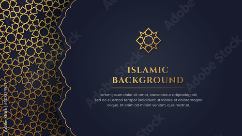 Islamic Arabic Blue Luxury Arabesque Pattern Background with Elegant Golden Frame