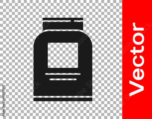 Black Sports nutrition bodybuilding proteine power drink and food icon isolated on transparent background. Vector.